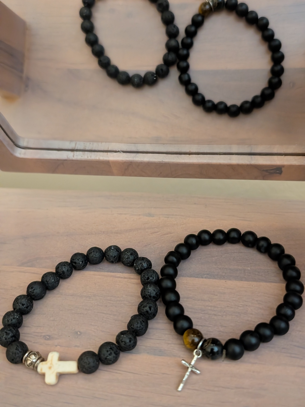 Beaded Cross Bracelet Duo - Black with Cross Charms